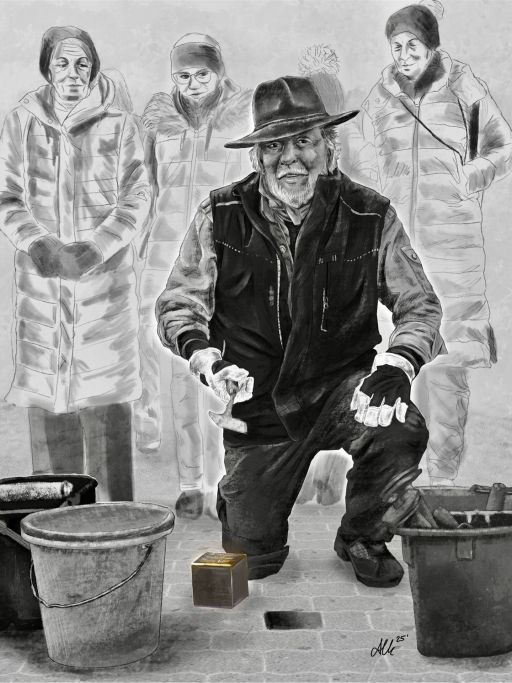 Illustration von Annika Luisa Kunkat: Gunter Demnig verlegte am 8. Februar 2025 vor der Gemeinschaftsschule am Marschweg einen Stolperstein für den von Schülern denunzierten Lehrer Gustav Meyer. Illustration von Annika Luisa Kunkat: Gunter Demnig verlegte am 8. Februar 2025 vor der Gemeinschaftsschule am Marschweg einen Stolperstein für den von Schülern denunzierten Lehrer Gustav Meyer.